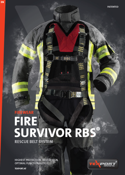 NYHET! Brannbekledning, TEXPORT FIRE SURVIVOR RBS, Patentert bekledning med integrert redningssele. EN 469, EN 361, EN 358 og EN 813 